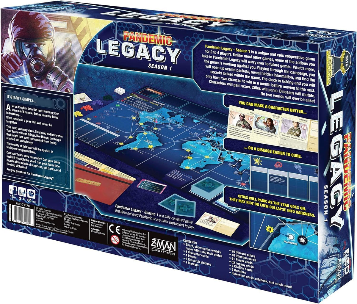 Pandemic Legacy Season 1 Board Game (Blue) - Epic Year-Long Battle Against Deadly Diseases! Cooperative Strategy Game for Family Game Night, Ages 13+, 2-4 Players, 1 Hr Playtime, Made by Z-Man Games