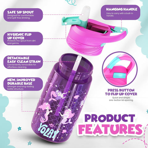 YOLAY Kids Water Bottle with Straw, 15 oz, Mermaid
