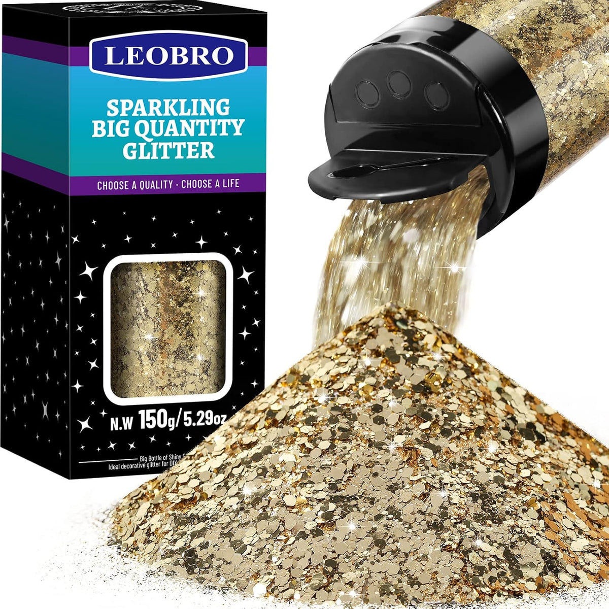 LEOBRO Champagne Gold Glitter, 150g/5.29oz Chunky Glitter for Crafts, Resin, Nail Body Face, DIY Tumbler, Decorations