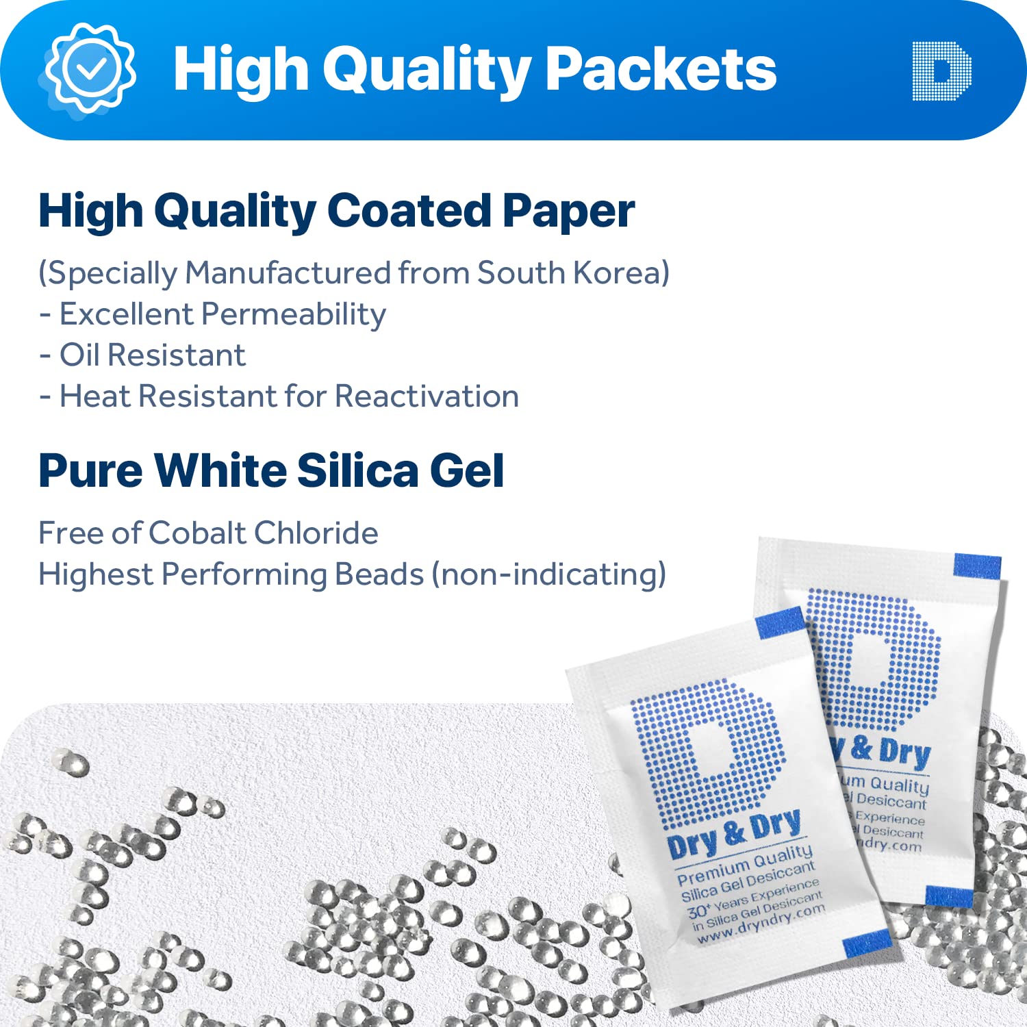 Dry & Dry 2 Gram [500 Packets] Silica Gel Packets Desiccants, Silica Packets - Rechargeable Moisture Absorbers for Food Storage, Electronics, 3D Filament & Safes