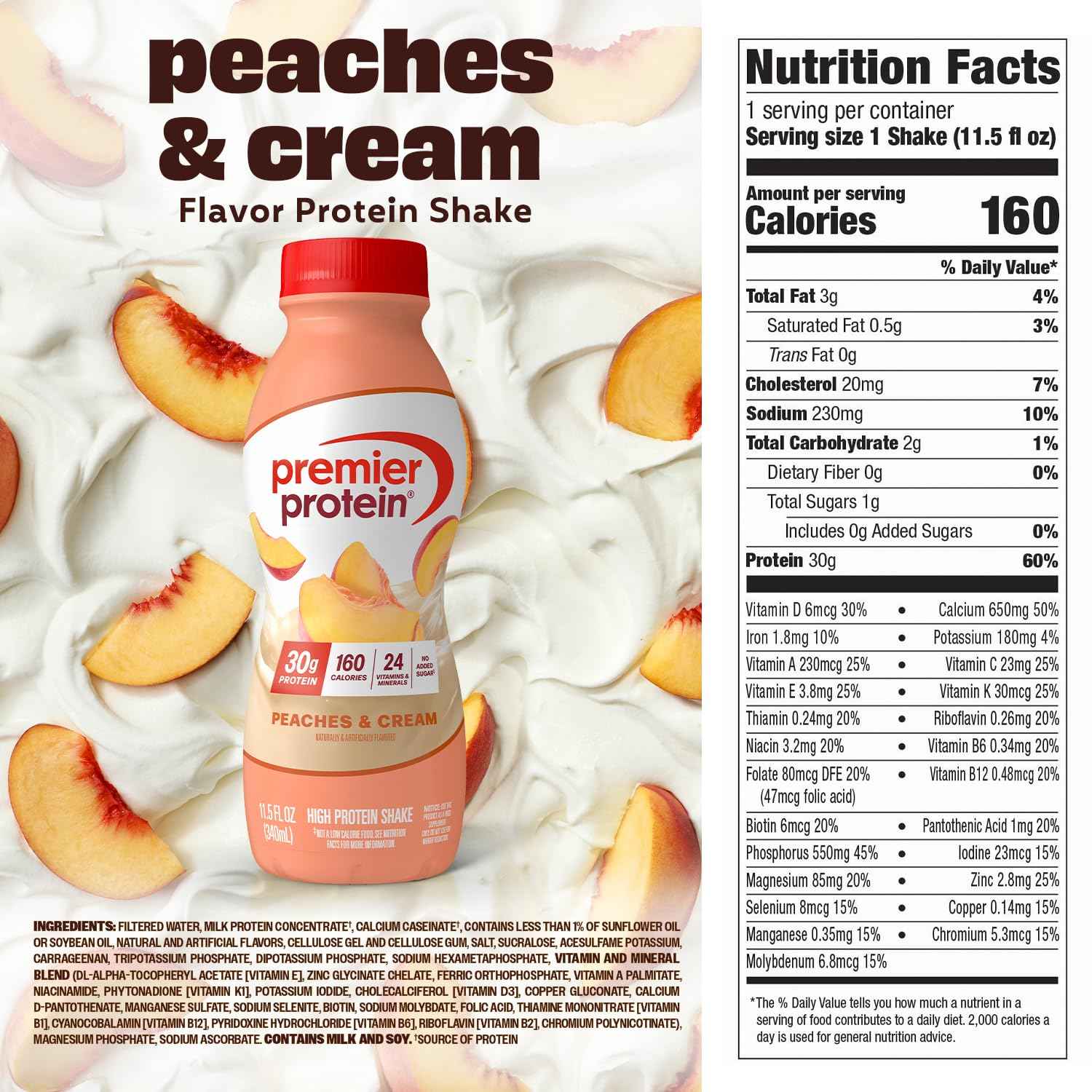 Premier Protein 30g High Protein Shake, Peaches & Cream, 12 Pack | 160 Calories, 24 Vitamins & Minerals, No Added Sugar, Supports Muscle Health, Gluten-Free, 11.5 oz