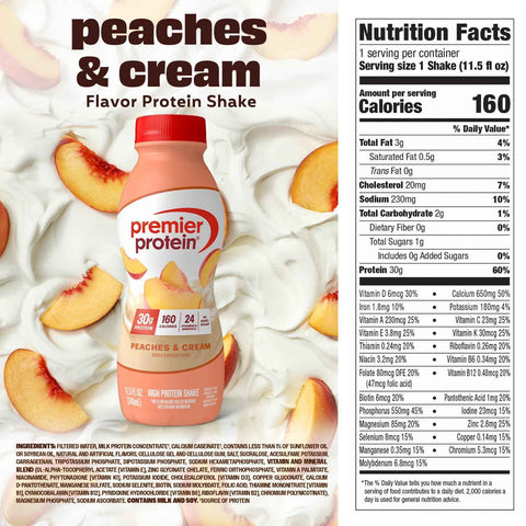 Premier Protein 30g High Protein Shake, Peaches & Cream, 12 Pack | 160 Calories, 24 Vitamins & Minerals, No Added Sugar, Supports Muscle Health, Gluten-Free, 11.5 oz