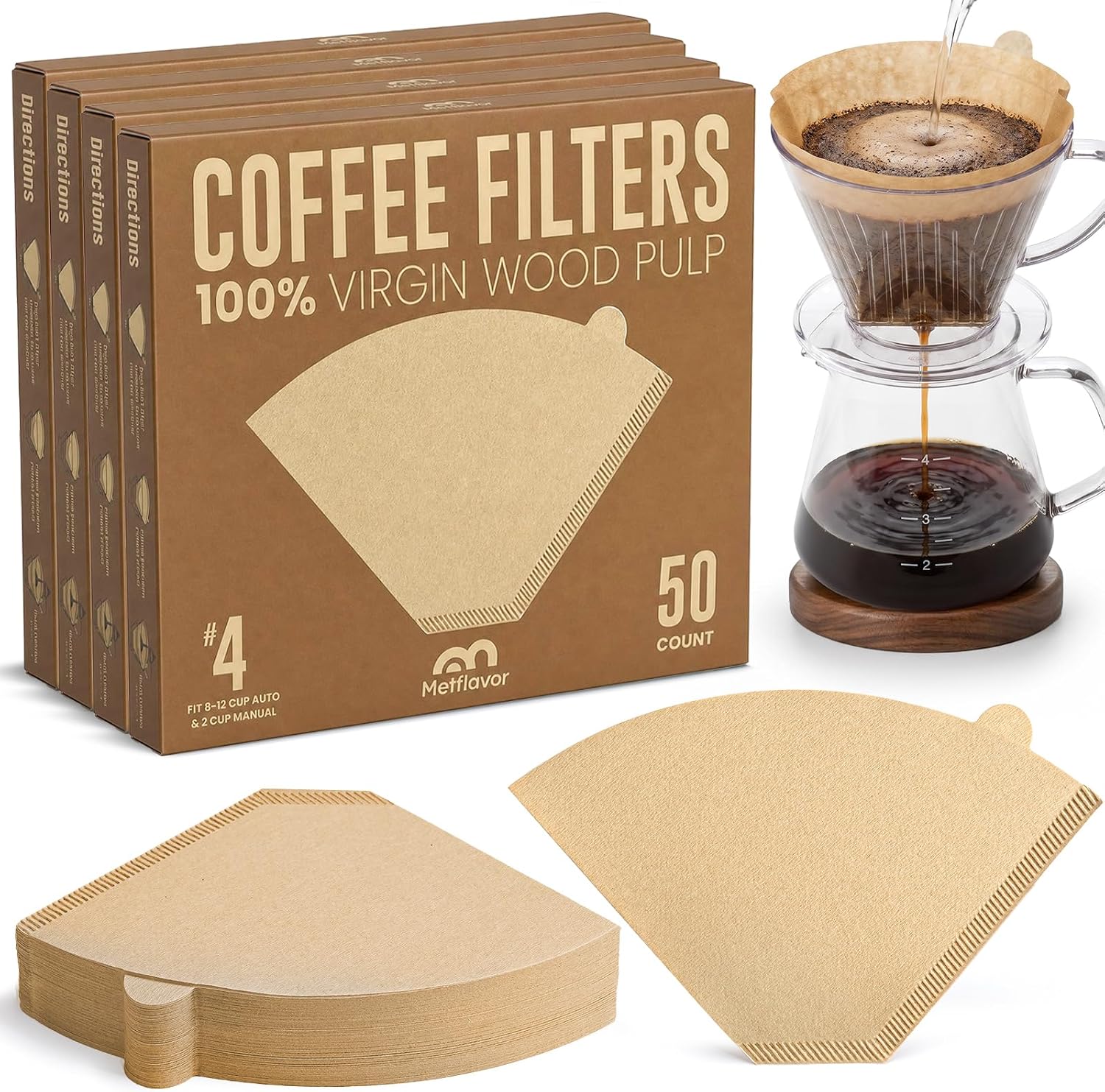 200 Count #4 Cone Coffee Filters, Unbleached Natural Paper Coffee Filters for 8–12 Cup Coffee Makers, Disposable #4 Cone Filters Compatible with Ninja Cuisinart, Drip Coffee Maker & Pour Over Brewers