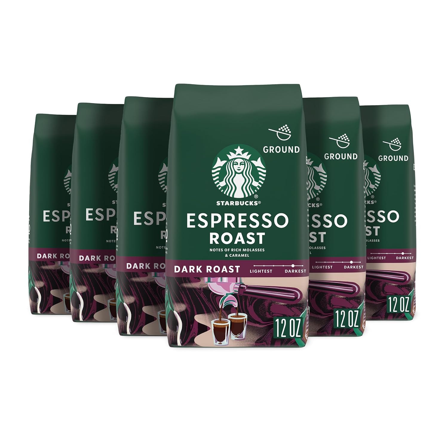 Starbucks Ground Coffee, Dark Roast Hot or Iced Coffee, Espresso Roast, Six 12 oz Bags​ | 100% Arabica ground coffee; Dark Roast Espresso Roast; 6 bags, 12 oz each (72 oz total)