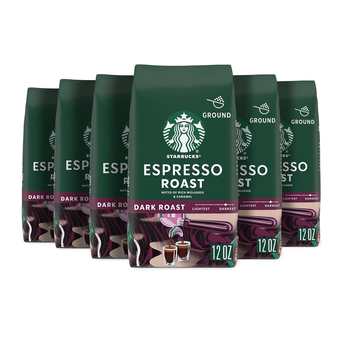 Starbucks Ground Coffee, Dark Roast Hot or Iced Coffee, Espresso Roast, Six 12 oz Bags​ | 100% Arabica ground coffee; Dark Roast Espresso Roast; 6 bags, 12 oz each (72 oz total)