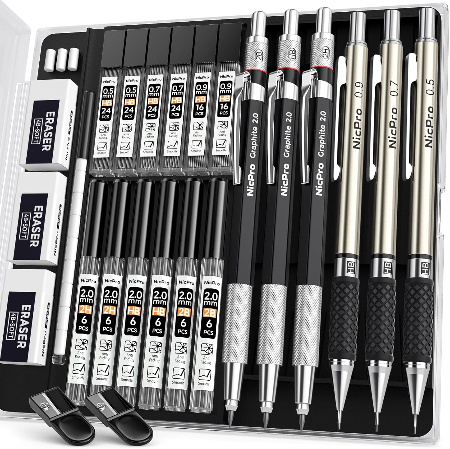 Nicpro 6PCS Art Mechanical Pencil Set, 0.5/0.7/0.9/2mm Point