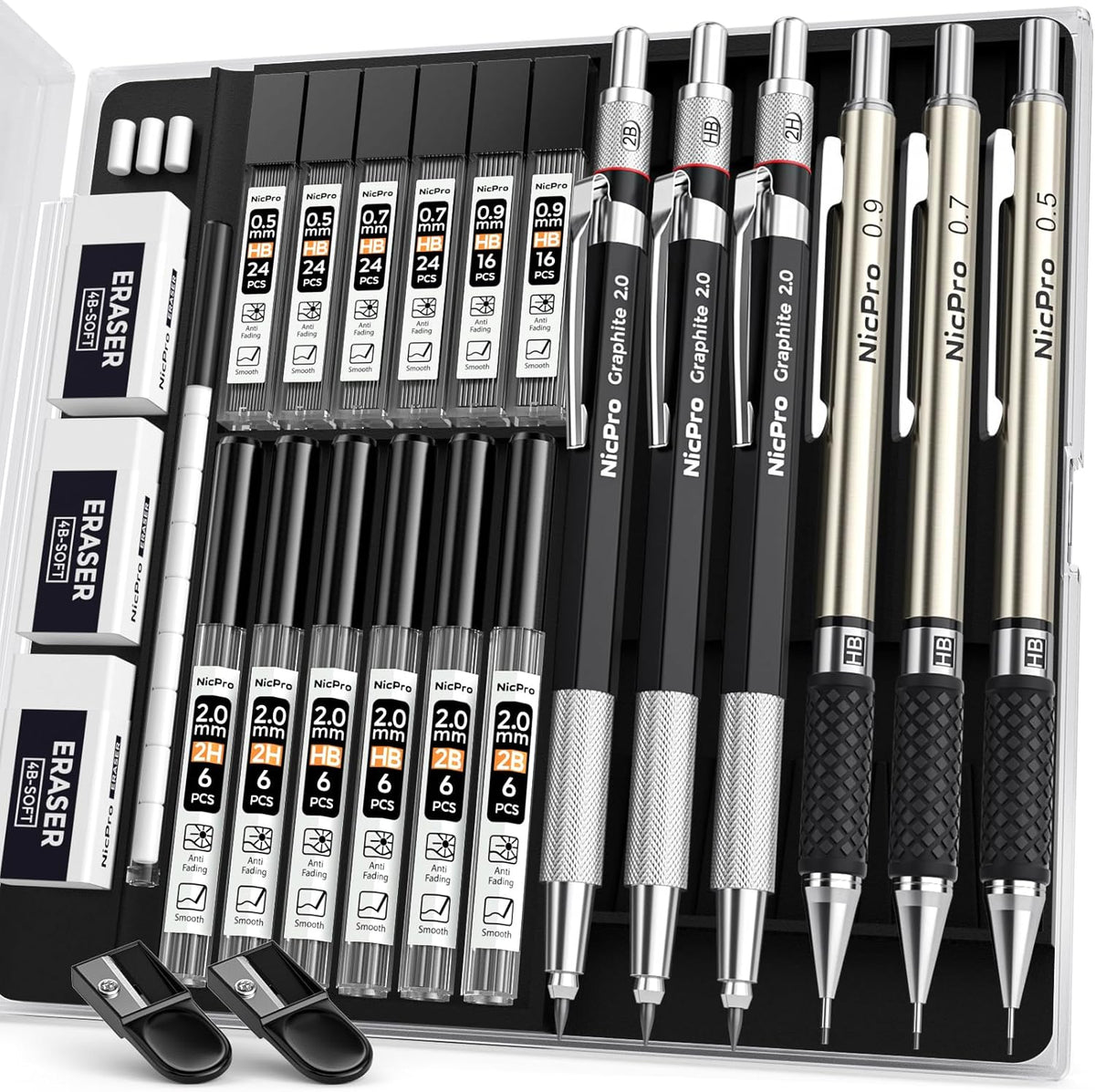 Nicpro 6PCS Art Mechanical Pencil Set, 0.5/0.7/0.9/2mm Point