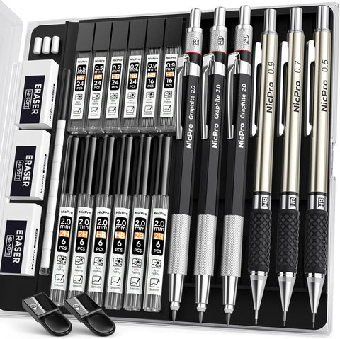 Nicpro 6PCS Art Mechanical Pencil Set, 0.5/0.7/0.9/2mm Point