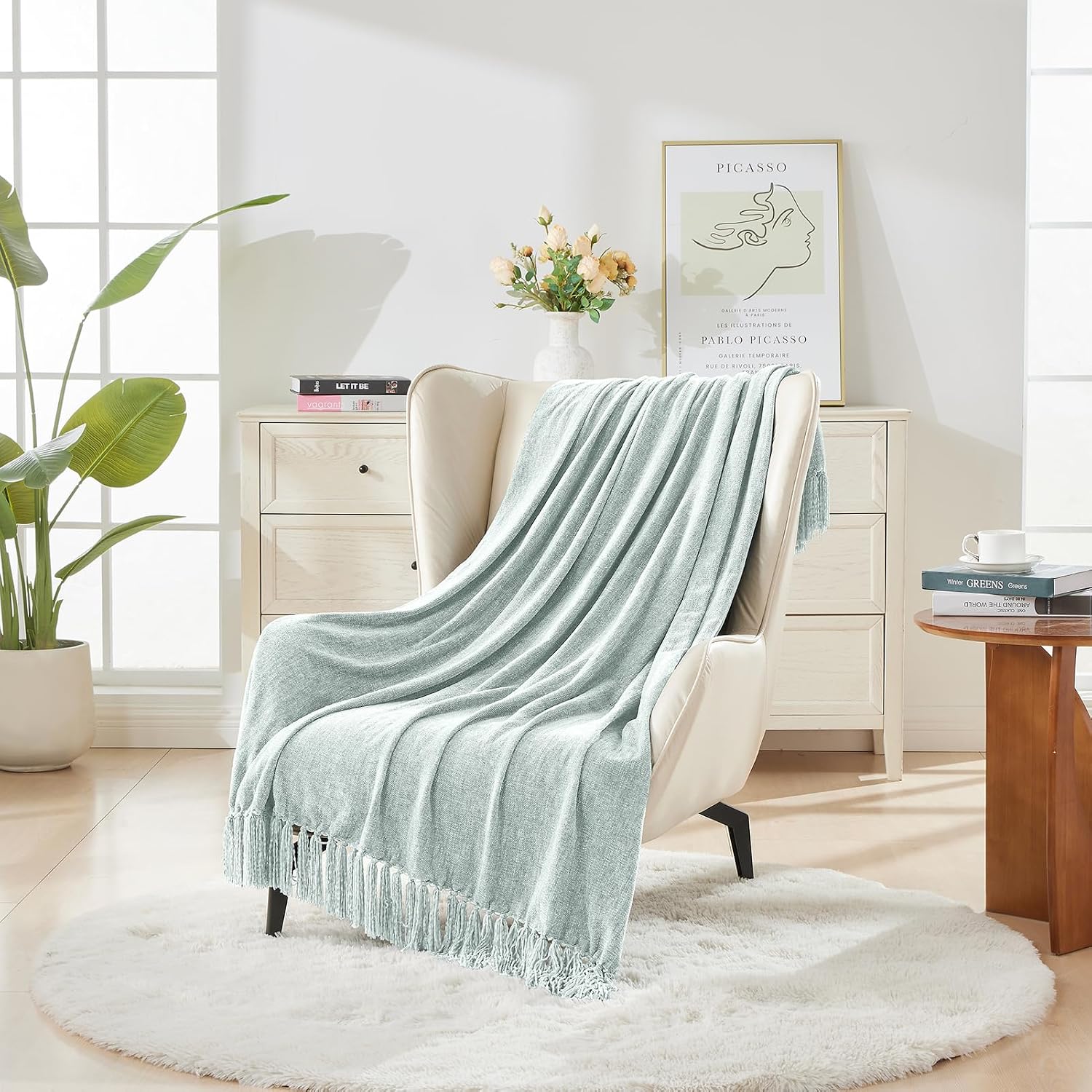 CozeCube Chenille Throw Blanket, Baby Blue Fringe Blanket, 60"X80"