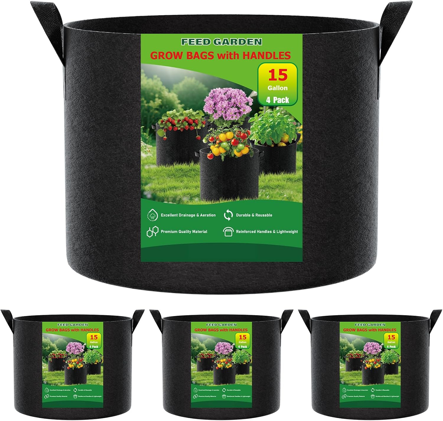 FEED GARDEN 15 Gallon Plant Grow Bags 4 Pack 300G Fabric Pots with Handles