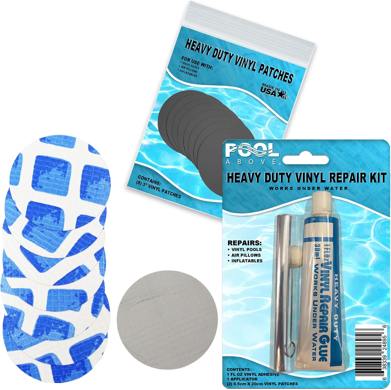 All-in-One Repair Kit for Above-Ground Pools | Fast, Underwater-Capable Peel-and-Stick OR Adhesive Glue-Down Vinyl Patches & for Easy Set and Frame Pools Blue Glue On