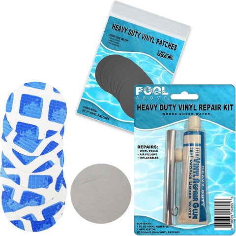 All-in-One Repair Kit for Above-Ground Pools | Fast, Underwater-Capable Peel-and-Stick OR Adhesive Glue-Down Vinyl Patches & for Easy Set and Frame Pools Blue Glue On