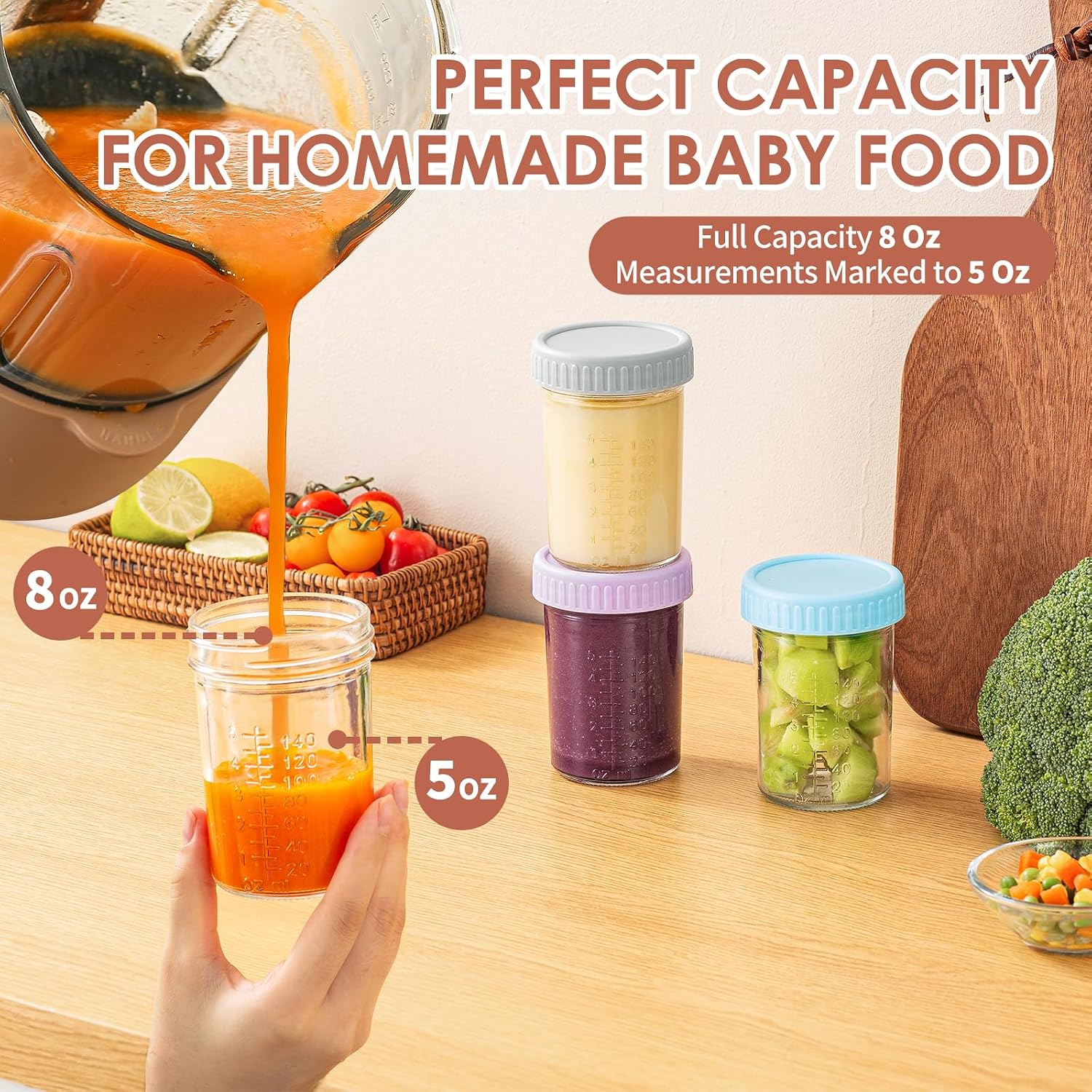 DRKIO 6 pcs Baby Food Storage Containers 8 Oz Small Glass Jars with Lids