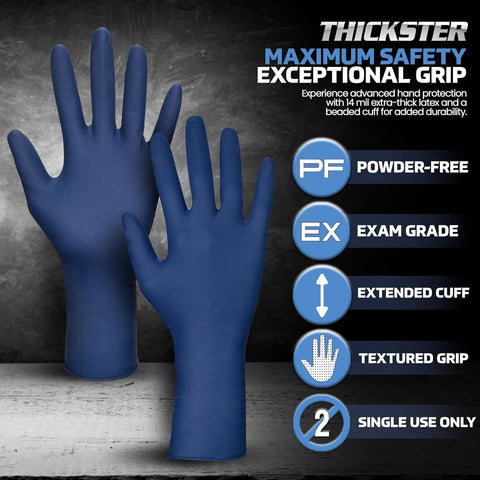 Thickster Powder-Free Exam Grade Latex Disposable Gloves. Blue, 14 mil Thickness, 12" Length. Single Use. Pack of 50.