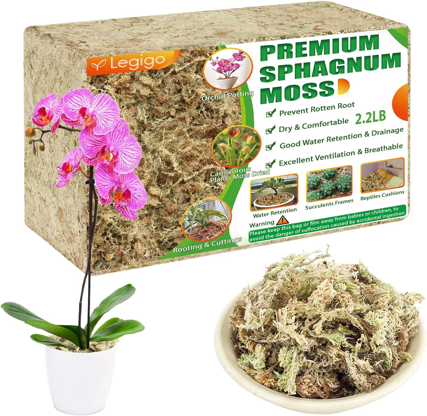 Legigo 2.2LB Sphagnum Moss for Plants- 40QT Natural Long Fibers Orchid Moss
