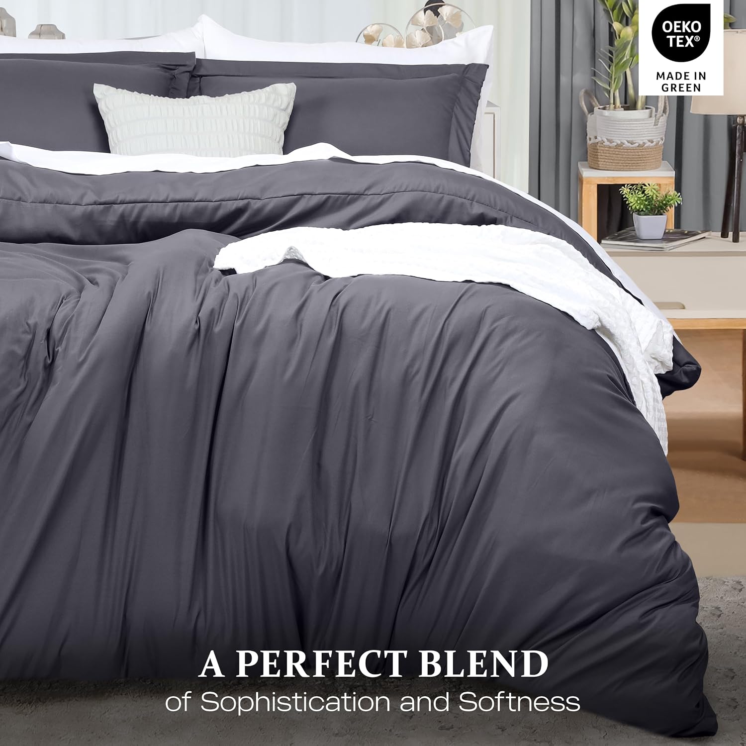 Duvet Cover King, 3 Piece Cotton Like Polyester with Zipper Closure, Grey