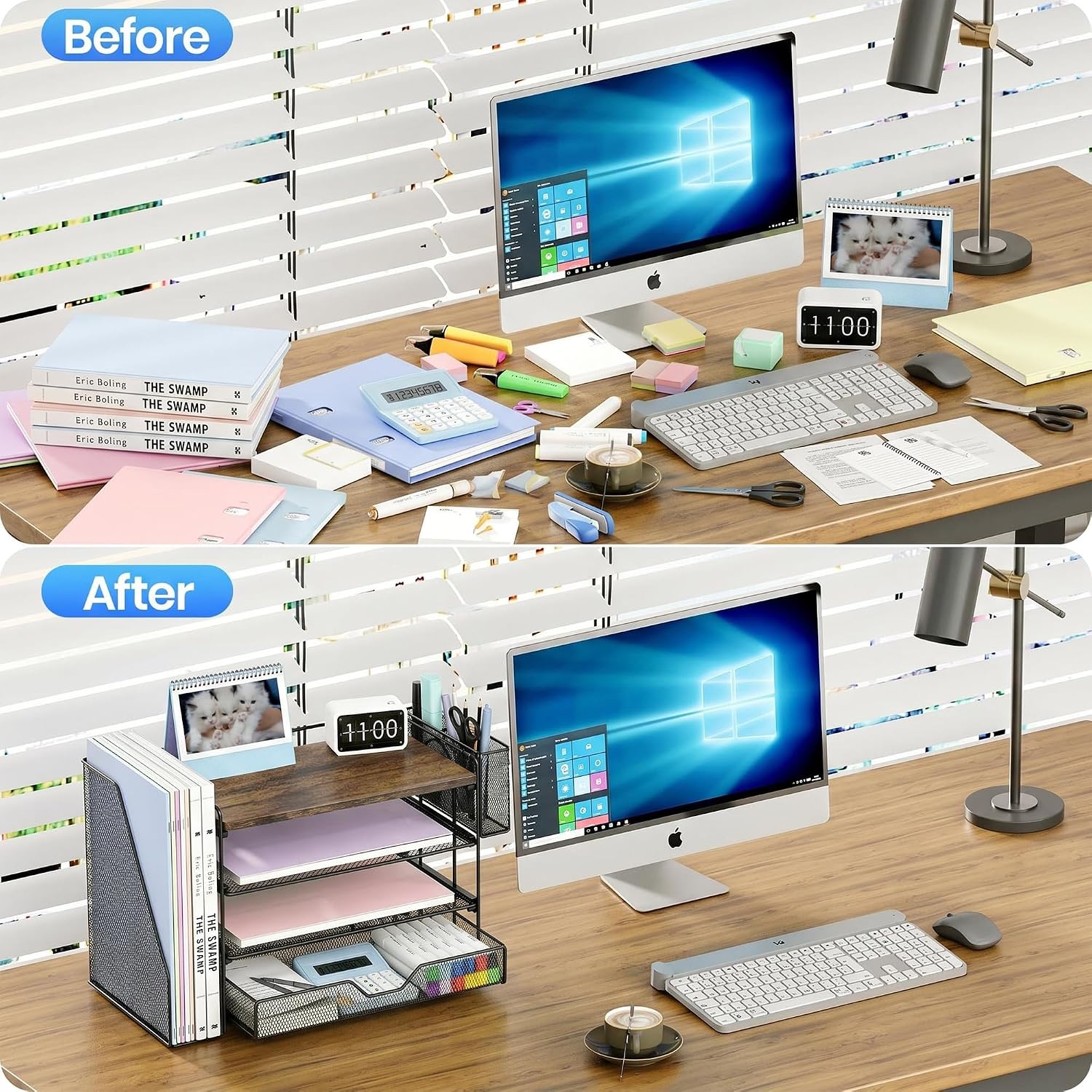 OPNICE Desk Organizers and Accessories, 4-Tier Desktop File Organizer with Drawer and Pen Holders, Office Desk Accessories Workspace Organizers for Office Supplies (Brown)