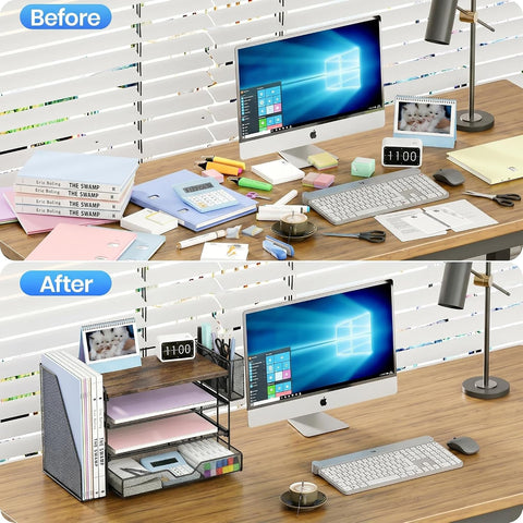 OPNICE Desk Organizers and Accessories, 4-Tier Desktop File Organizer with Drawer and Pen Holders, Office Desk Accessories Workspace Organizers for Office Supplies (Brown)