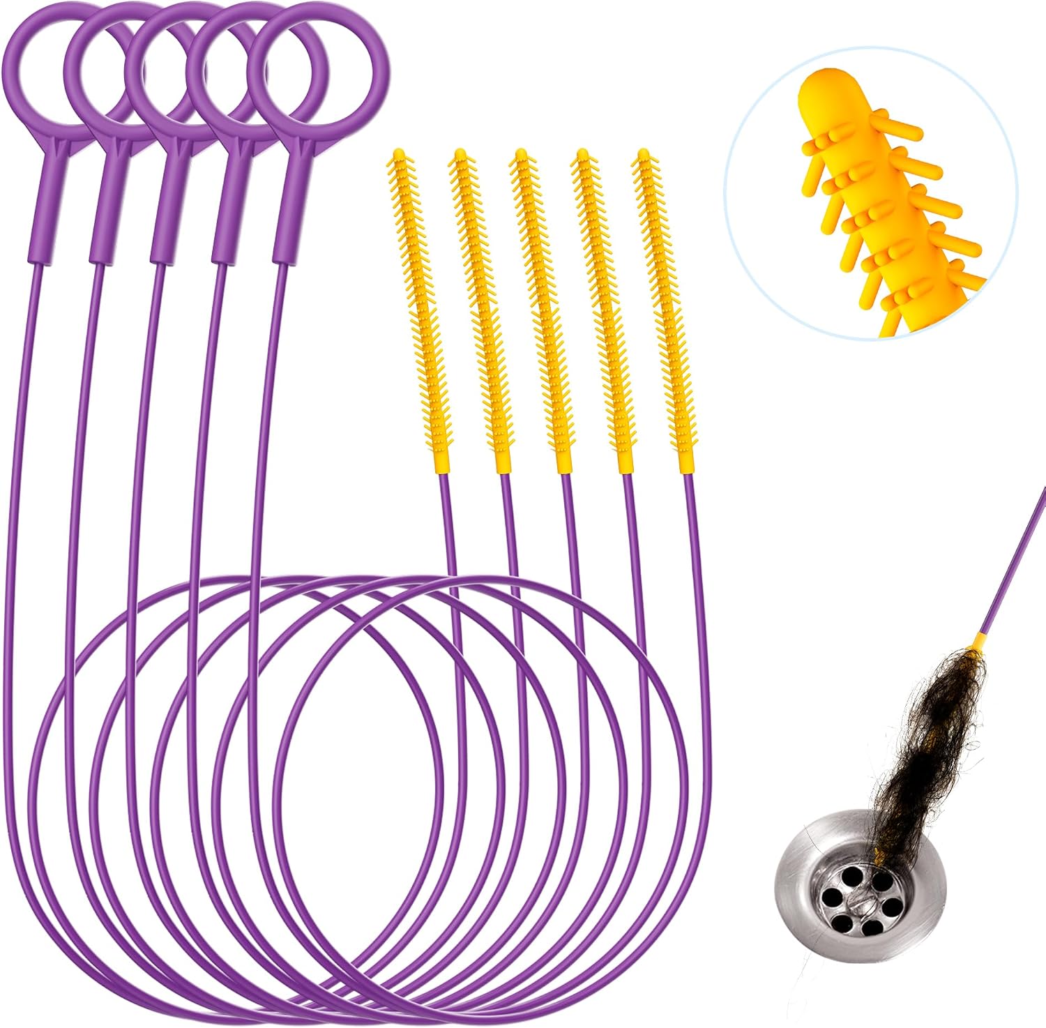 Drain Snake 35-Inch, Reusable Drain Clog Remover for Shower Drain, 5 Pack