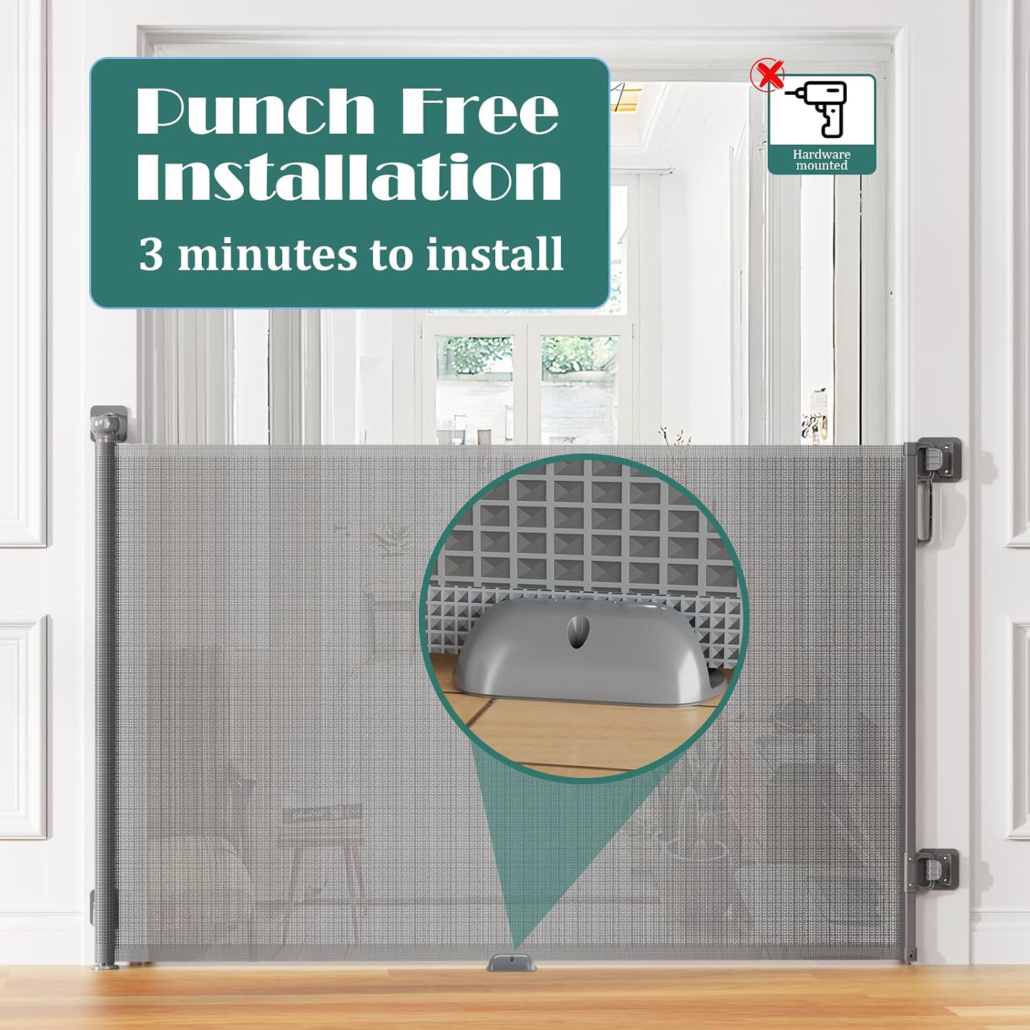 Retractable Baby Gate for Stairs, Dog Gate Indoor 55" Wide × 34" Tall Gray.