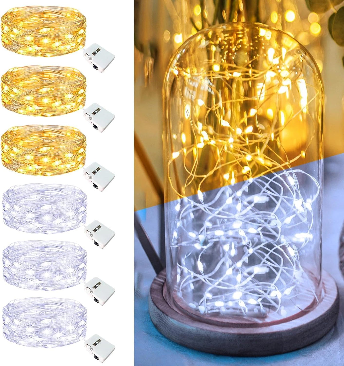 6 Pack Fairy Lights Battery Operated - 7ft 20 Led Twinkle Lights 3 Modes, Bulk Mini String Lights Waterproof for Mason Jars Vases DIY Party Wedding-Warm White & Cold White