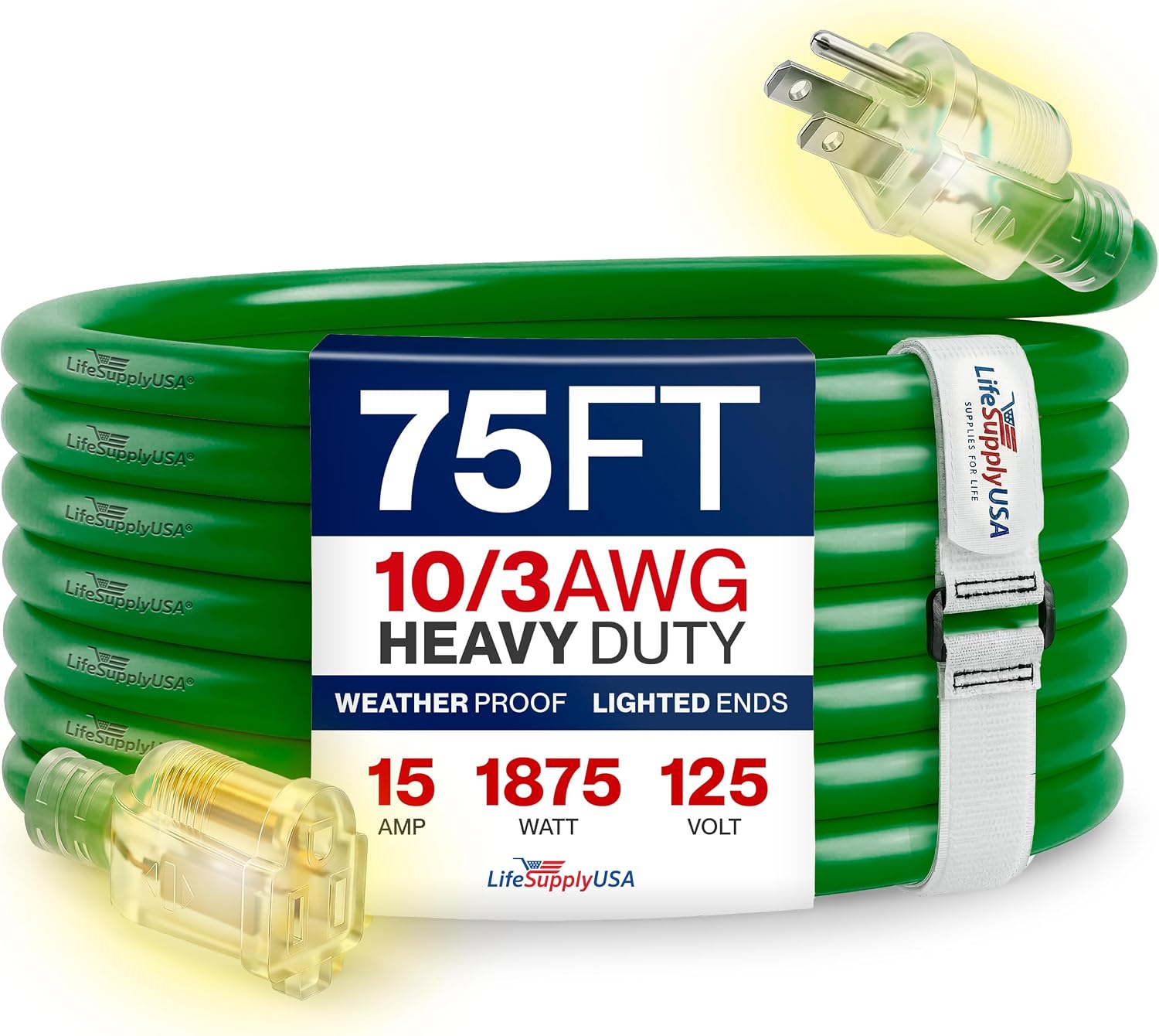 75ft Outdoor/Indoor Extension Cord 10/3 Gauge Ultra Heavy Duty 3 Prong SJTW, Waterproof, Flexible Cold-Resistant Long Power Cord,15A 125V 1875W, Green by LifeSupplyUSA