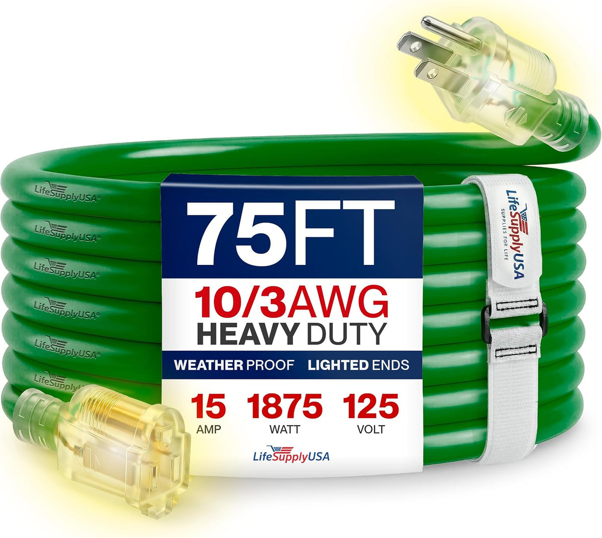 75ft Outdoor/Indoor Extension Cord 10/3 Gauge Ultra Heavy Duty 3 Prong SJTW, Waterproof, Flexible Cold-Resistant Long Power Cord,15A 125V 1875W, Green by LifeSupplyUSA