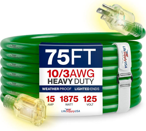 75ft Outdoor/Indoor Extension Cord 10/3 Gauge Ultra Heavy Duty 3 Prong SJTW, Waterproof, Flexible Cold-Resistant Long Power Cord,15A 125V 1875W, Green by LifeSupplyUSA