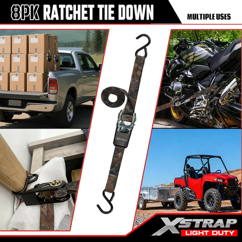 XSTRAP STANDARD 8-Pack Ratchet Tie Down Straps, 1"x10 FT, 900LB, Camouflage