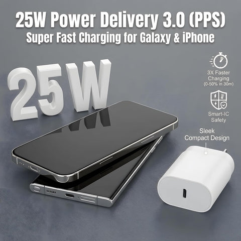 TT&C 2-Pack 25W USB C Fast Charger with 6FT Long Cable (White)