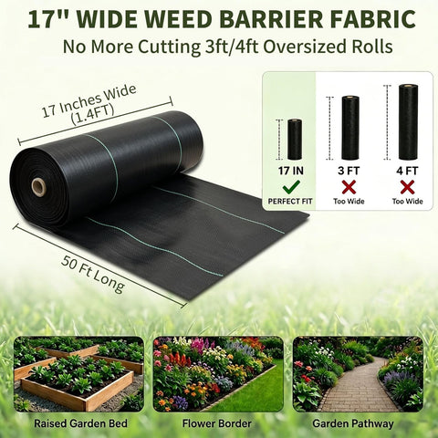 EXTRAEASY 17 in (1.4 ft) x 50 ft Landscape Fabric Weed Barrier, 3.2 oz Heavy Duty Woven Weed Blocker, Ground Cover Geotextile Fabric for Under Gravel, Garden Bed Liner & Pathways