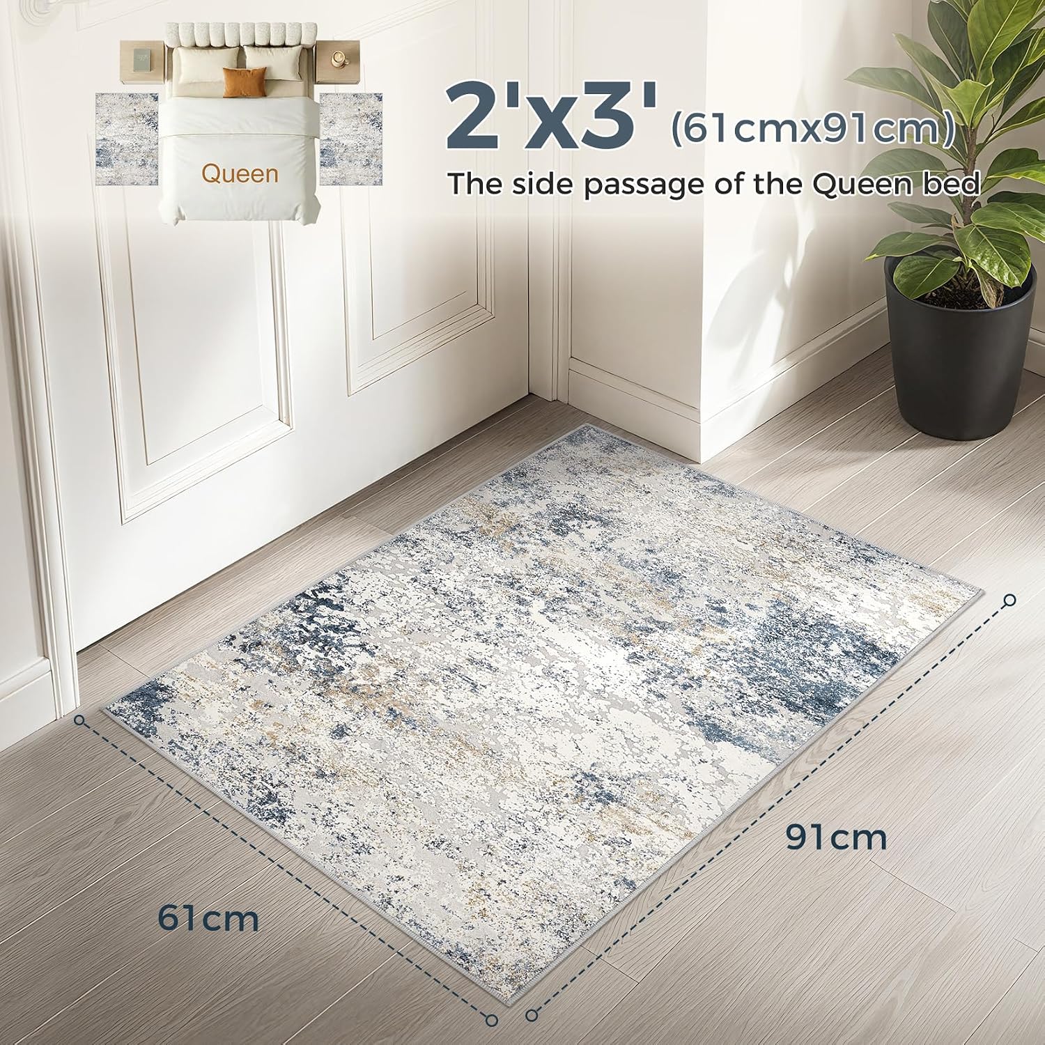 DMOYEST 2x3 Entryway Area Rug Washable Abstract Beige Blue Small Carpet