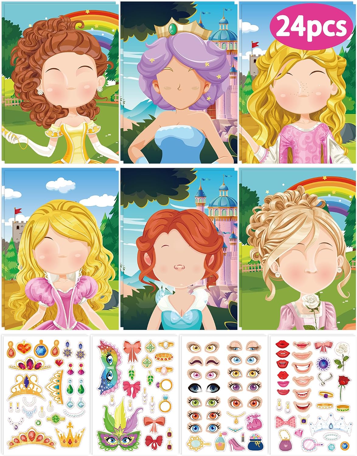 24 Pcs Make Your Own Princess Sticker, Party Favors Face Stickers for Kids