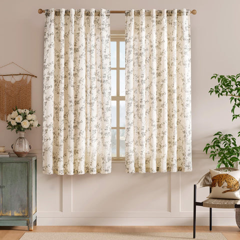 Lazzzy Grey Vintage Floral Linen Curtains Farmhouse 50W X 63L 2 Panels
