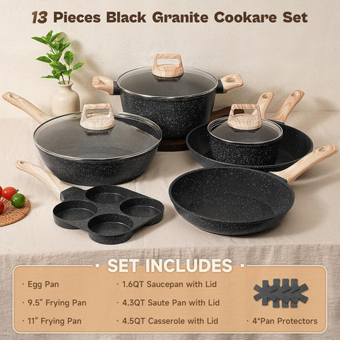 SODAY Pots and Pans Set Non Stick, 13Pcs Black Granite Induction Cookware