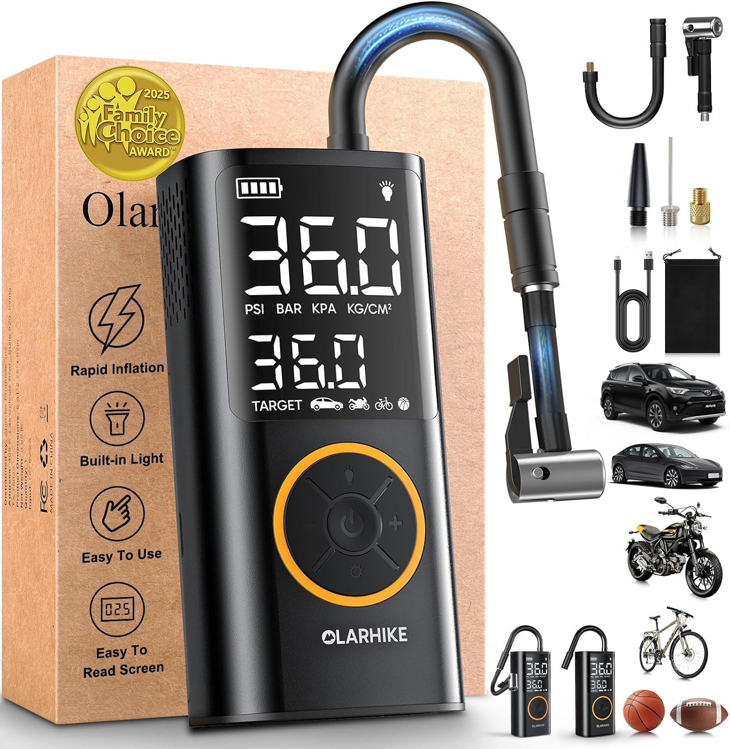 OlarHike Tire Inflator Portable Air Compressor,Cordless Electric Bike Pump