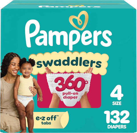Pampers Diapers - Swaddlers 360° - Size 4, 132 Count, up to 100% Leakproof Comfy Dry Fit, EZ Off Tabs Designed for Easy Changes, Pull On Diaper