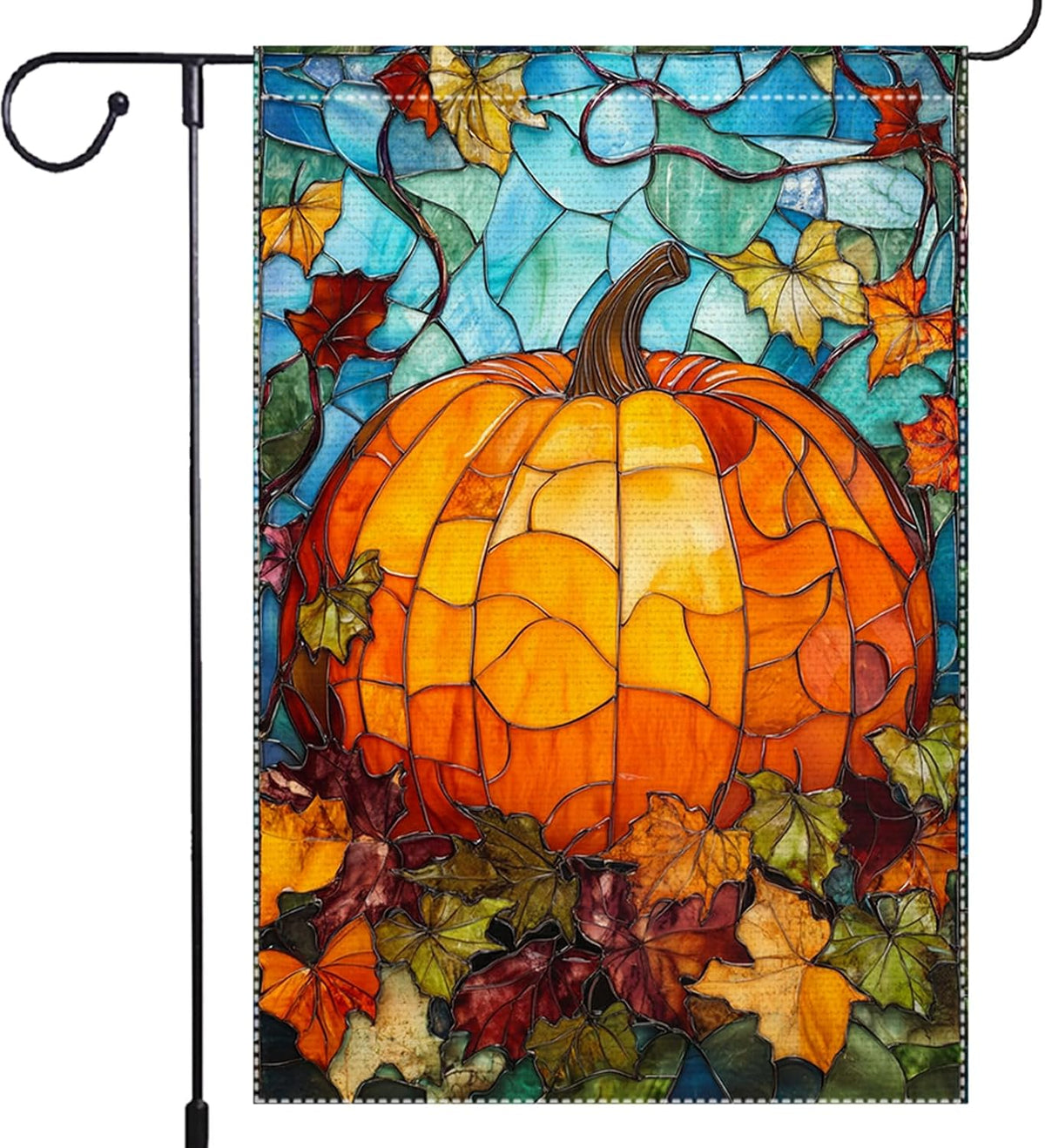 Fall Garden Flag For Outdoor Decor Thanksgiving Garden Flags Autumn Stained Glass Pumpkin Maple Leaf Double Sided Small Burlap Outside Porch Lawn Yard Flags Decorations 12.5x18 Inch