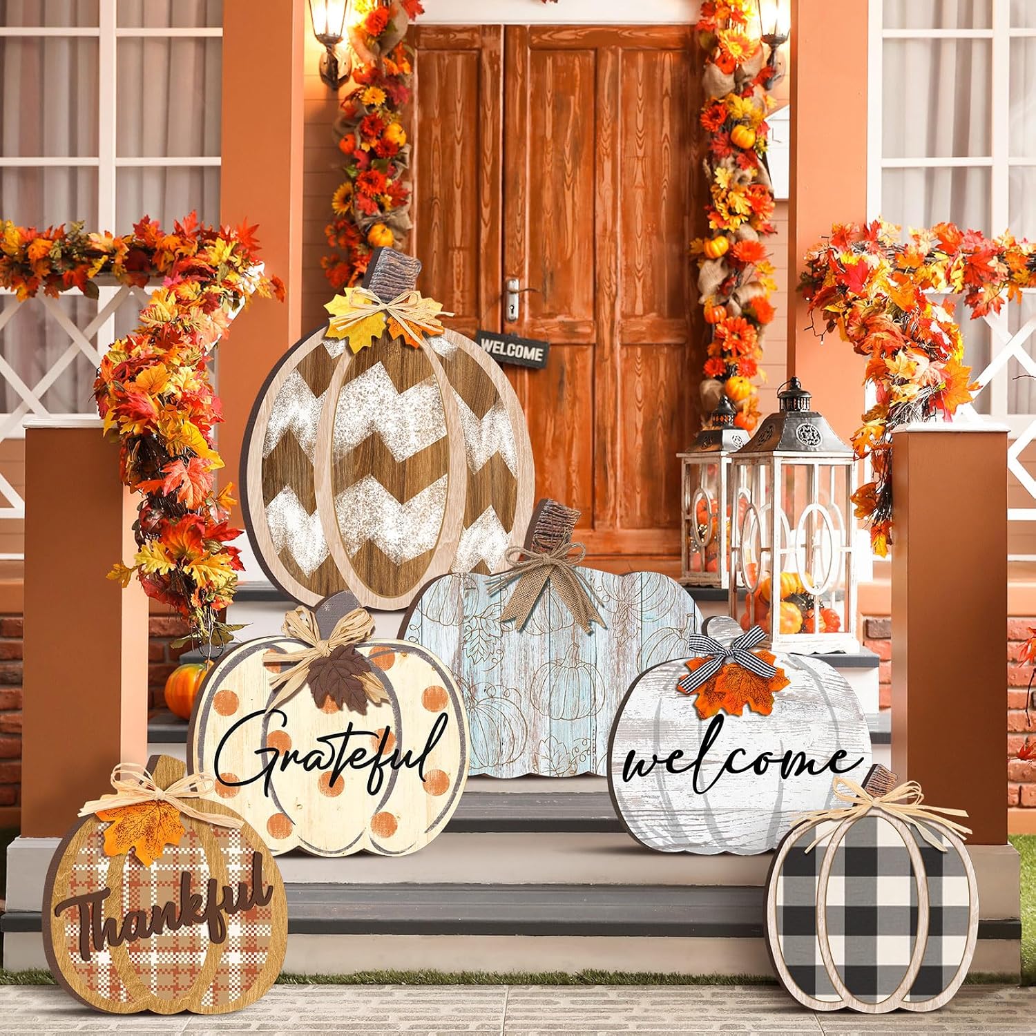 Moucuny Set of 6 Outdoor Fall Decoration for Home Porch, Pumpkin Signs