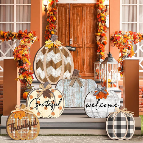 Moucuny Set of 6 Outdoor Fall Decoration for Home Porch, Pumpkin Signs