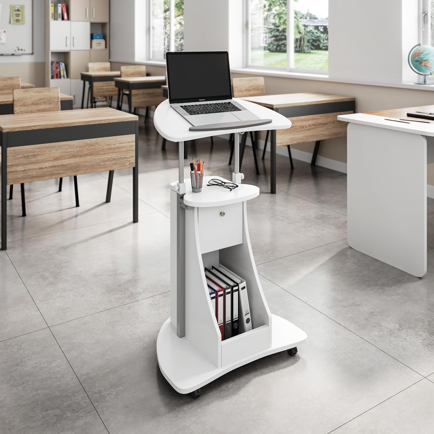 Techni Mobili Adjustable Height Rolling Laptop Cart with Storage, White