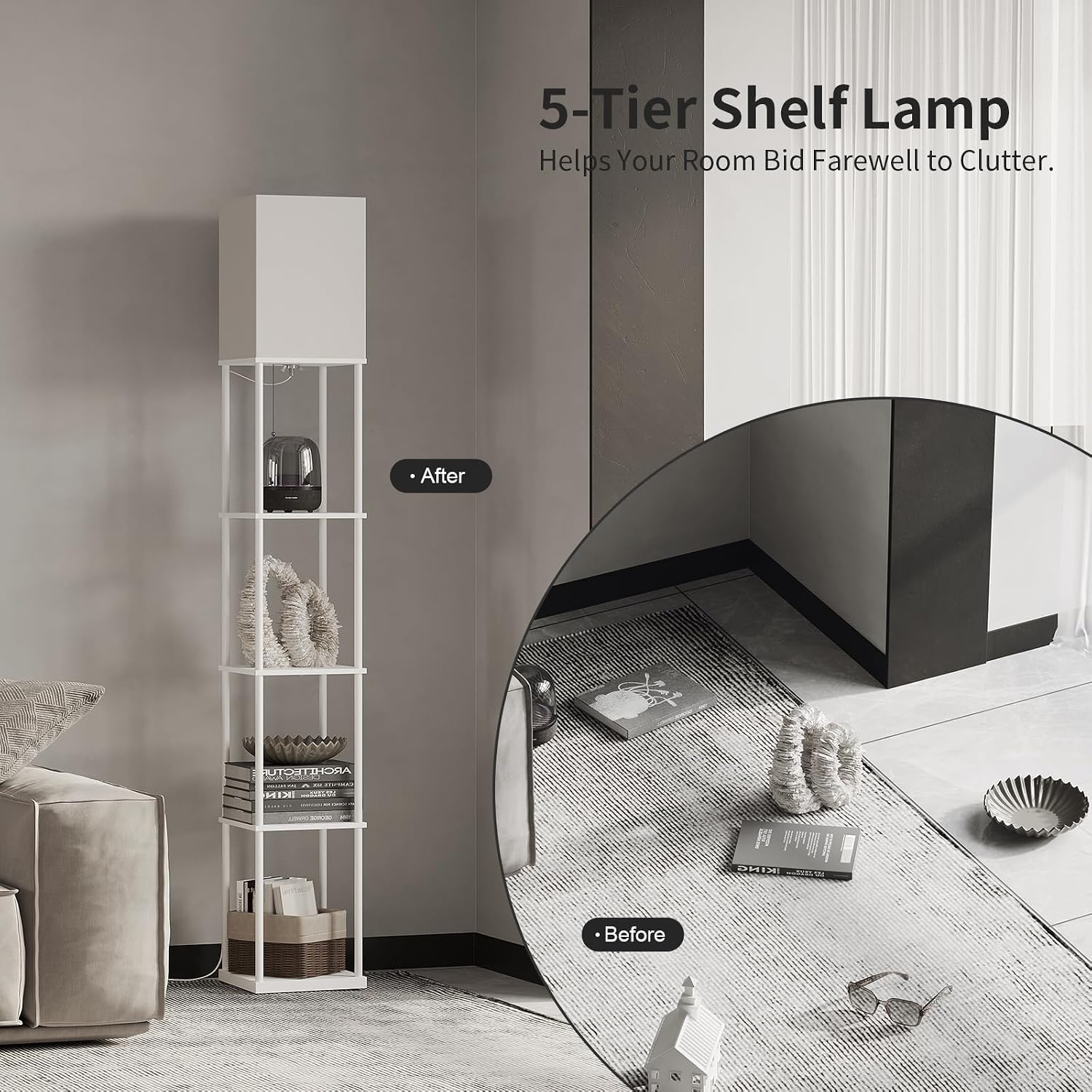 SUNMORY 5 Tier Floor Lamp with Shelves, Standing Lamps for Living Room
