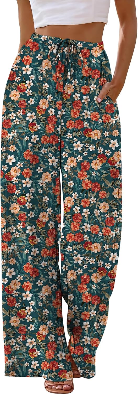 Sampeel Wide Leg Pants for Women Flowy Palazzo Drawstring Elastic Waist Trousers with Pockets Summer Beach Vacation Clothes
