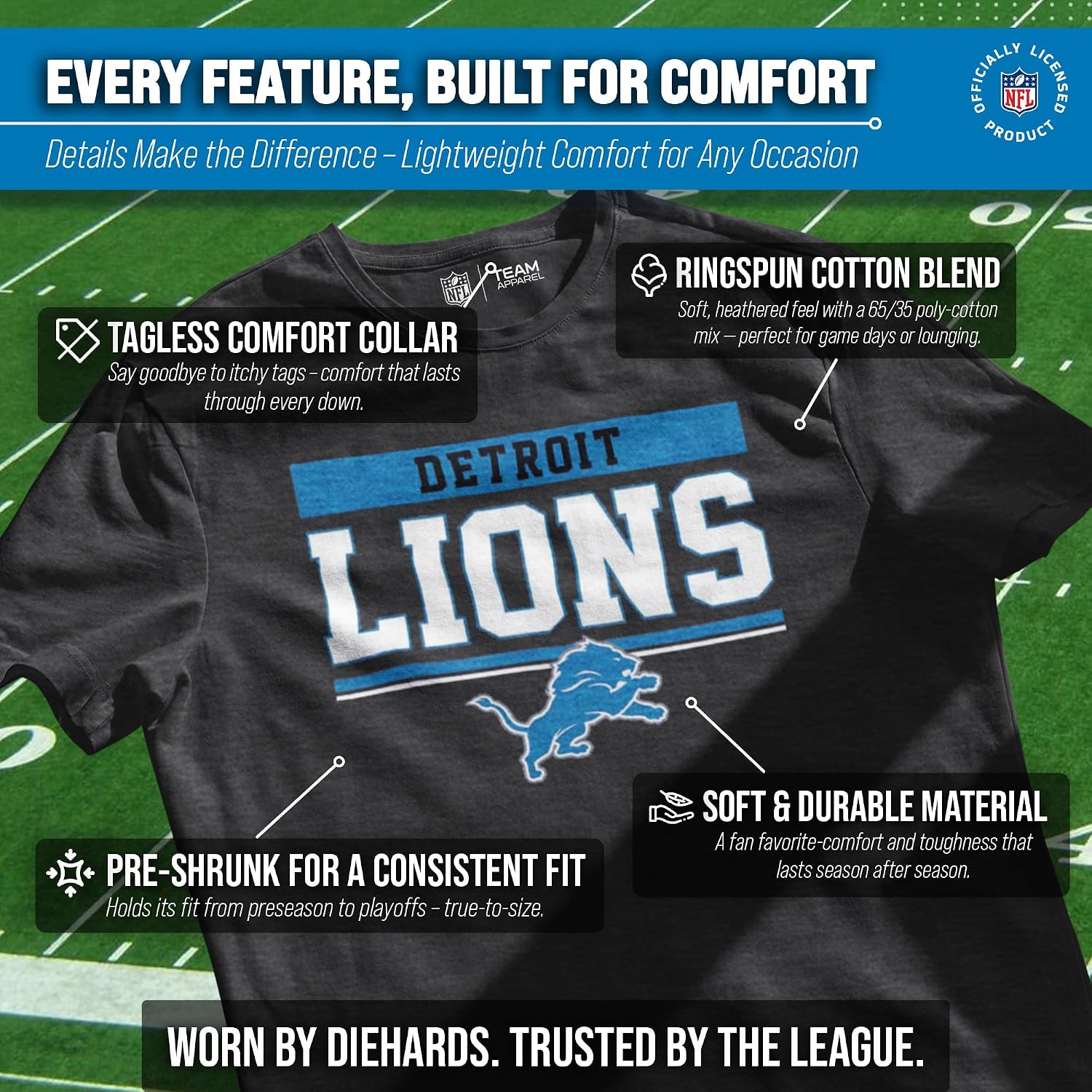 NFL Charcoal T-Shirt for Men and Women - Cotton Blend Tagless Tee