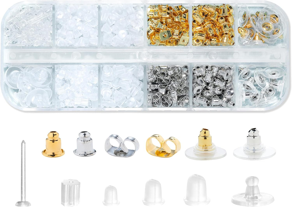 Nkwuire 12 Styles 600 Pcs Earring Backs for Studs, Clear Plastic Earrings Metal Rubber Silicone Earring Backs Bullet Clutch Stoppers Replacement Kits for Fish Hook Earring Studs Hoops