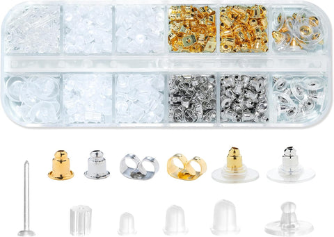 Nkwuire 12 Styles 600 Pcs Earring Backs for Studs, Clear Plastic Earrings Metal Rubber Silicone Earring Backs Bullet Clutch Stoppers Replacement Kits for Fish Hook Earring Studs Hoops