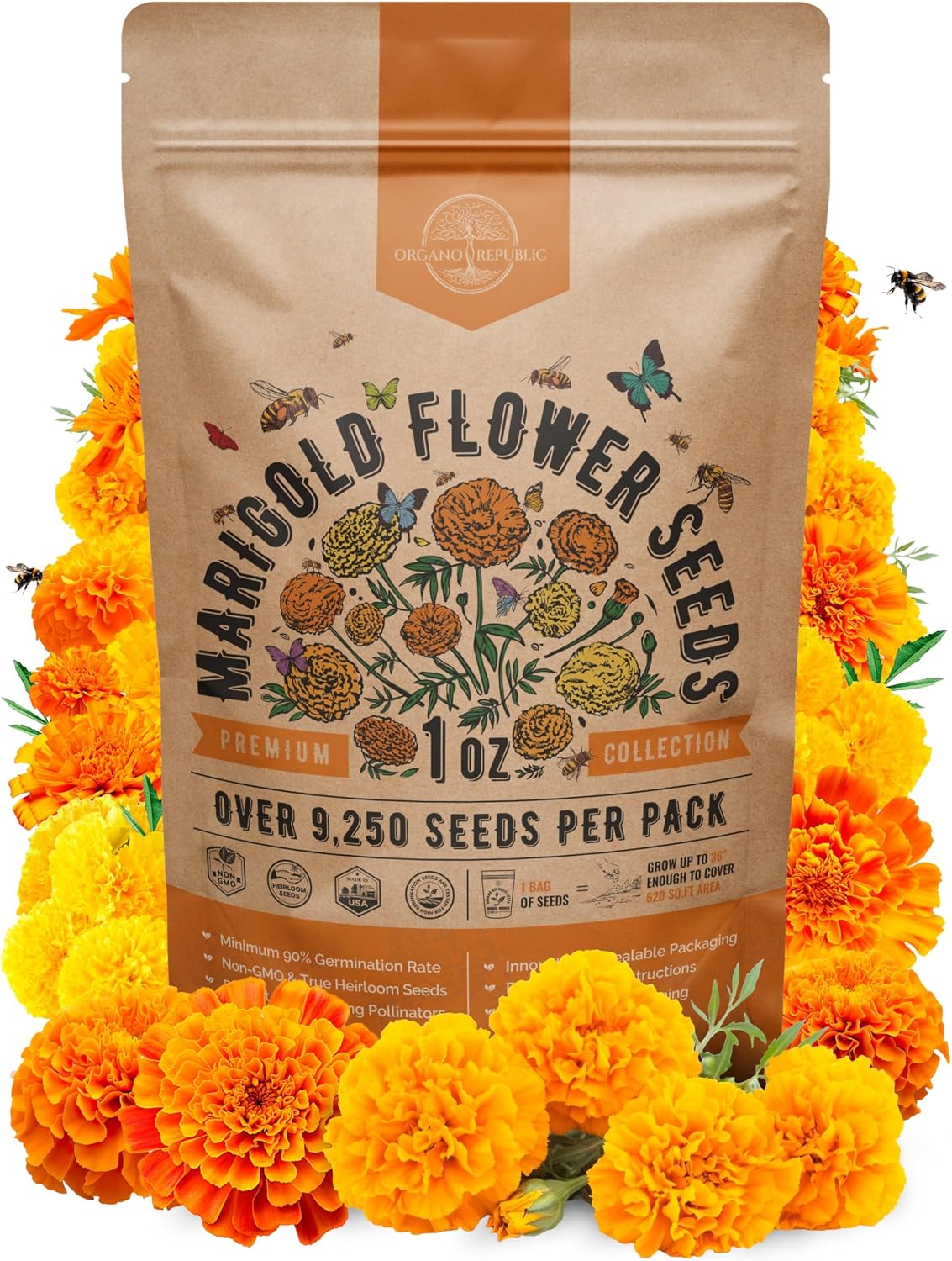 Marigold Seeds Pack 1 oz - Over 9,250 Non-GMO Heirloom Marigold Seeds for Planting Indoor & Outdoor Gardening, Flower Seed for Planting Home and Garden, Flowers Seed in Individual Packet