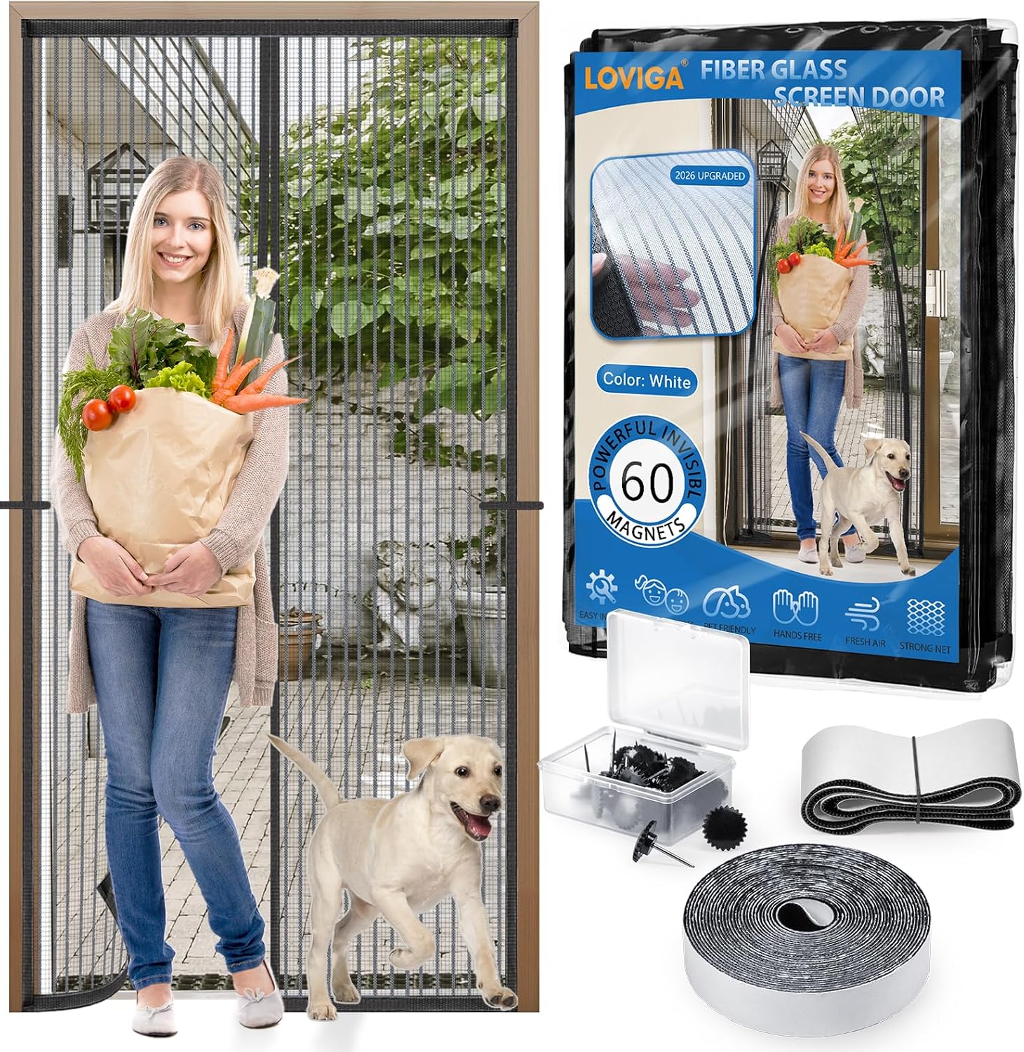 Heavy Duty Door Screen Magnetic Closure, LOVIGA Thickened Fiberglass Screen Door Mesh, Self Sealing, Tear Resistant, Easy Assemble, Fine Mesh Keep Bugs Out Fit Door Size 34 Inch X 80 Inch White
