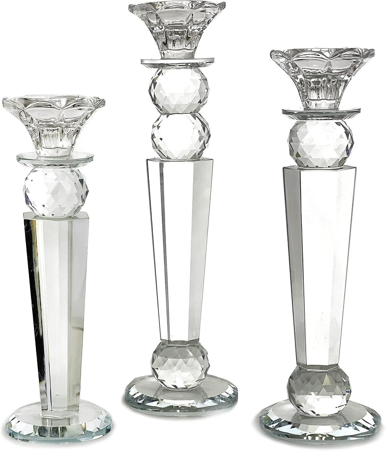 Allgala Set of 3 Crystal Glass Made Reverse Tapered Pillar and Hand Crafted Ball Candlesticks - 8.5,10,11 Inches -HD89154