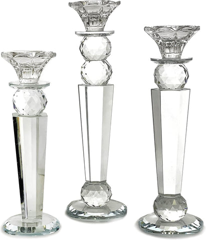 Allgala Set of 3 Crystal Glass Made Reverse Tapered Pillar and Hand Crafted Ball Candlesticks - 8.5,10,11 Inches -HD89154